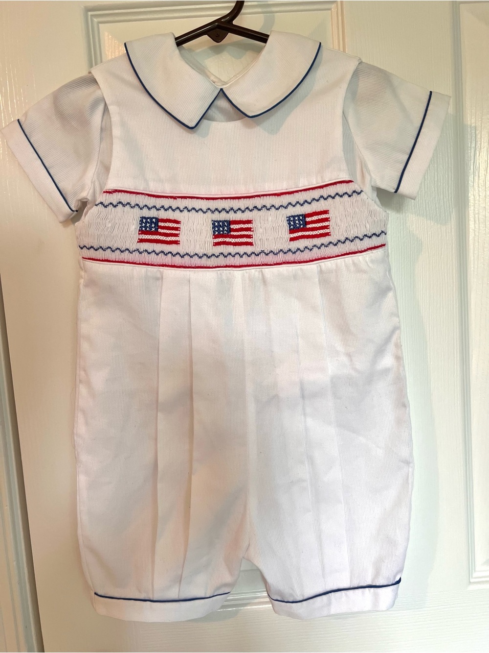 Carriage Boutique White Romper with Blue Trim